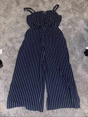 Sienna Sky Navy and White Vertical-Stripe Wide-Leg Jumpsuit